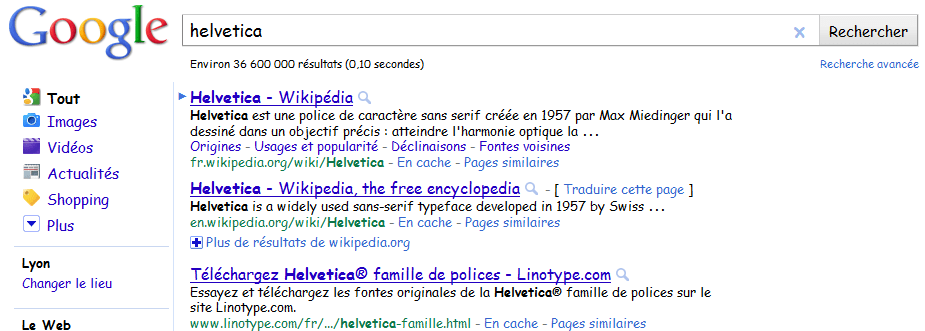 Recherche Helvetica sur Google 1er avril 2001