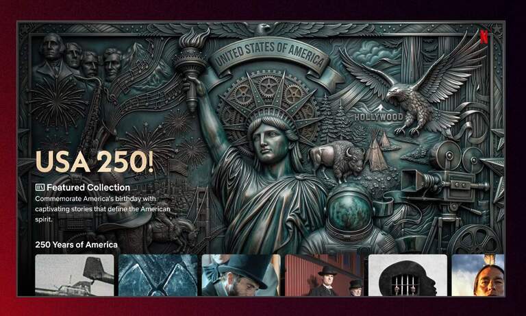Visuel USA 250 de Netflix avec statue de la Liberté, caméra et scènes historiques, lié à l’IA générative en production